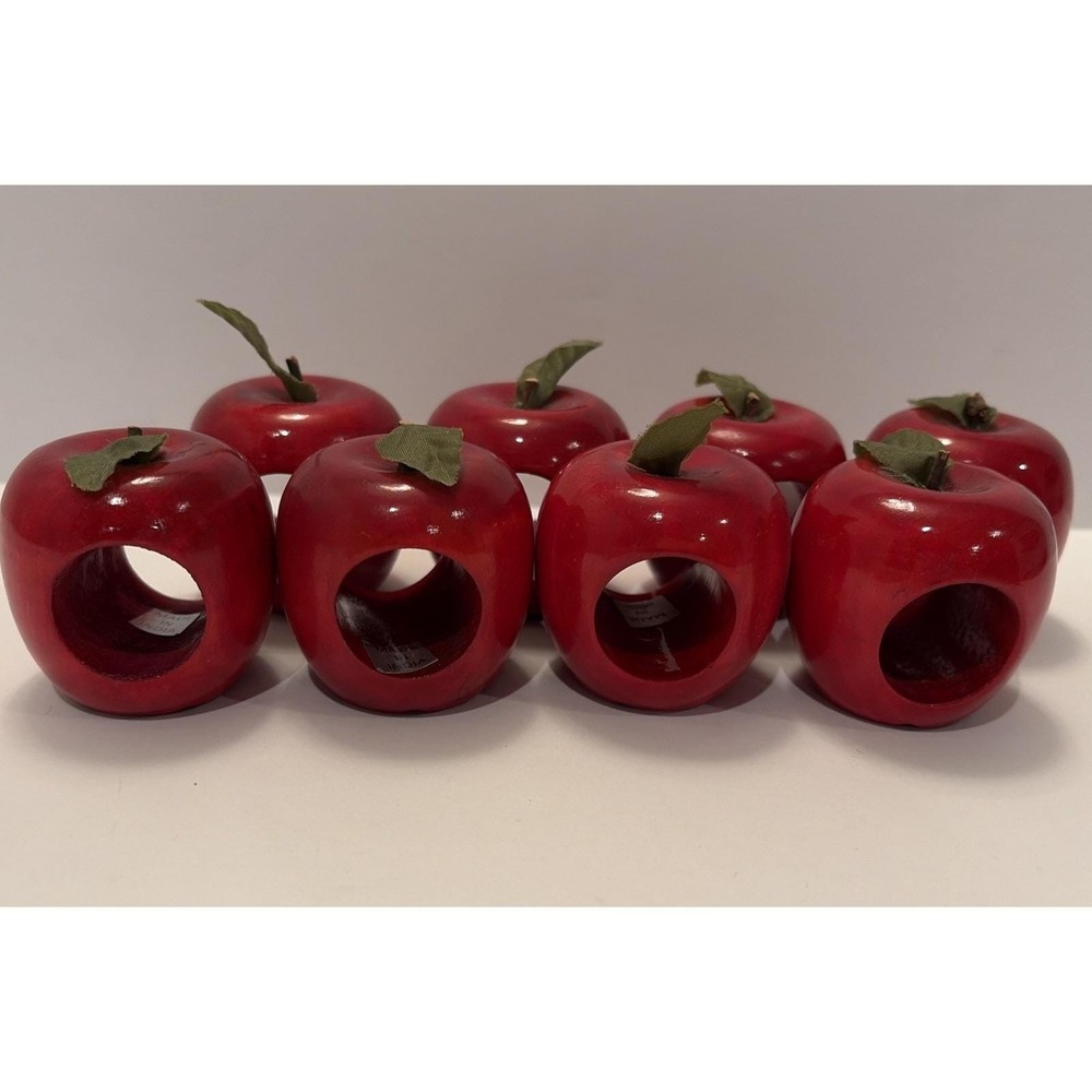 Set of 8 Wood Apple Shaped Napkin Holder Rings Made In India